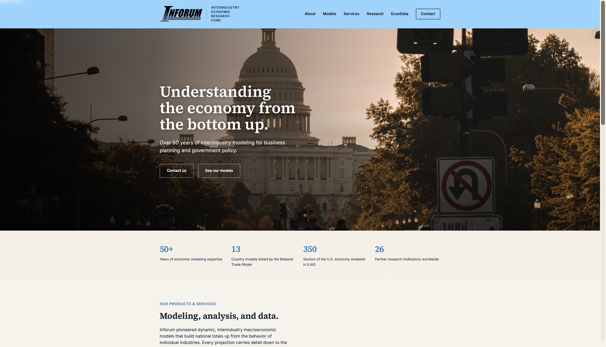 Inforum homepage hero, featuring the U.S. Capitol and the headline "Understanding the economy from the bottom up."