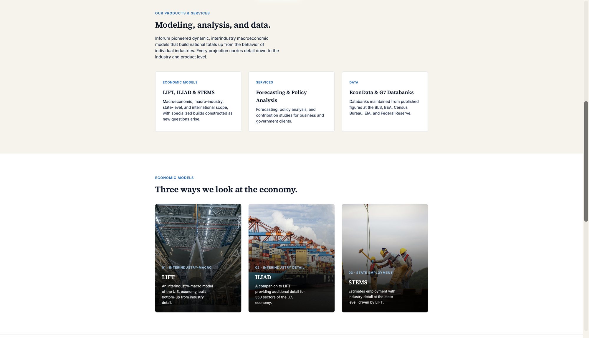 Inforum products and services section listing Economic Models, Forecasting & Policy Analysis, and EconData & G7 Databanks