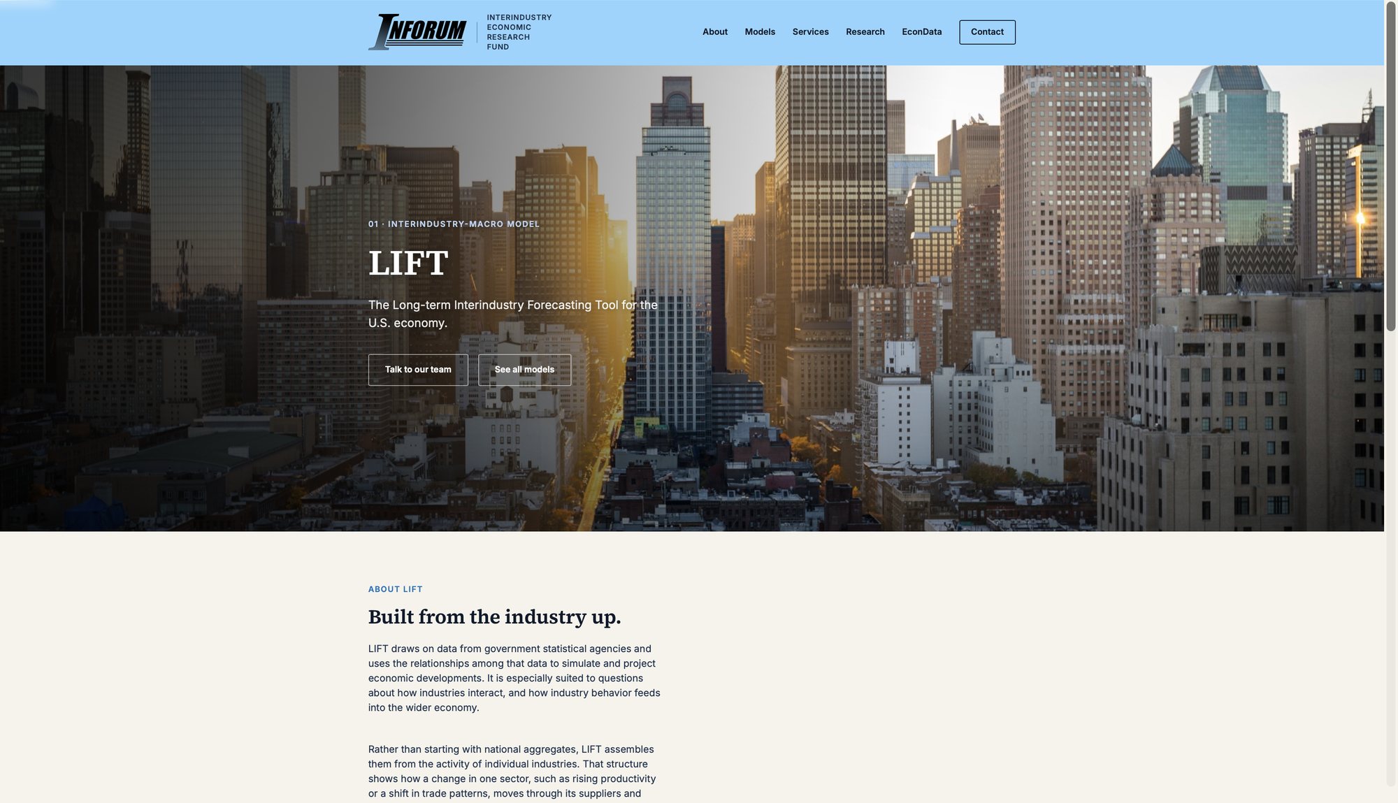 LIFT model page with a New York City skyline hero image describing the Long-term Interindustry Forecasting Tool