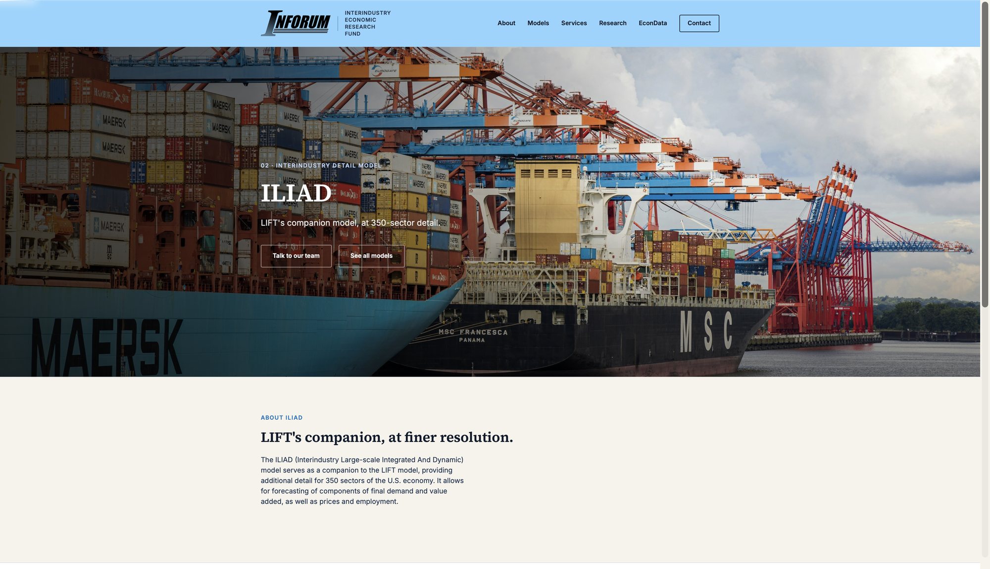 ILIAD model page with a shipping port hero image describing LIFT's companion model at 350-sector detail